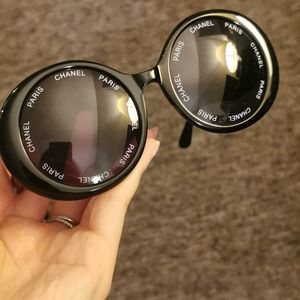 RARE!! Authentic CHANEL Vintage CC Logos Round Sunglasses Eye Wear Black T02372
